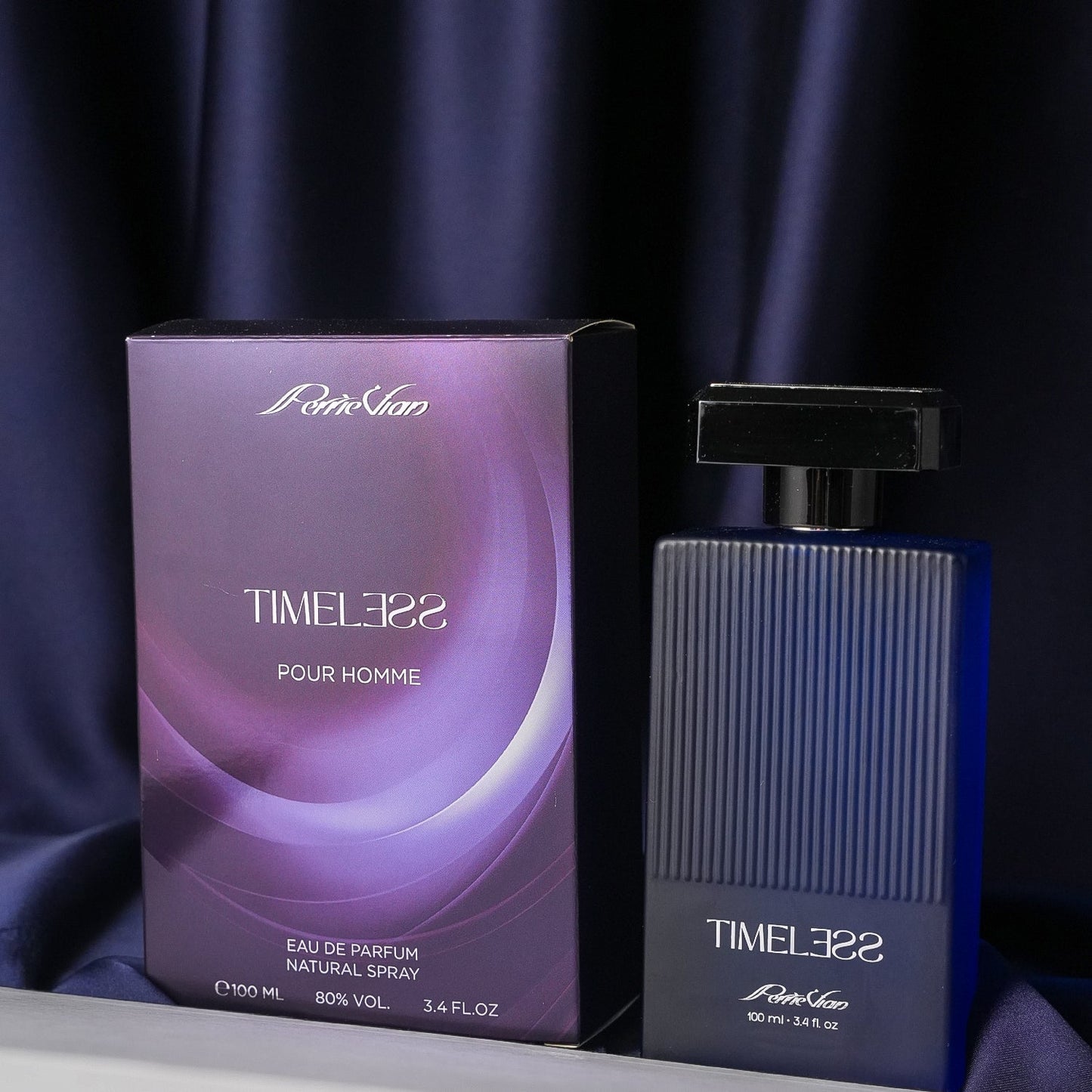 Perfume bottle and packaging on purple fabric background