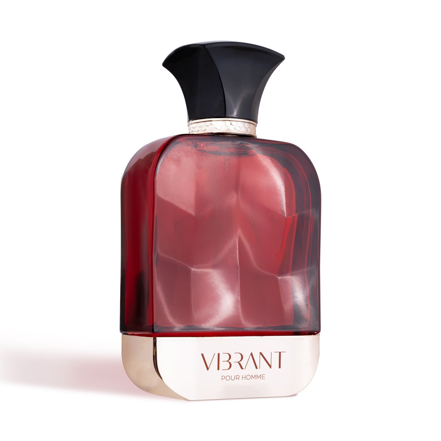 A stylish red and silver perfume bottle labeled 'VIBRANT POUR HOMME' with a black, sculpted cap.
