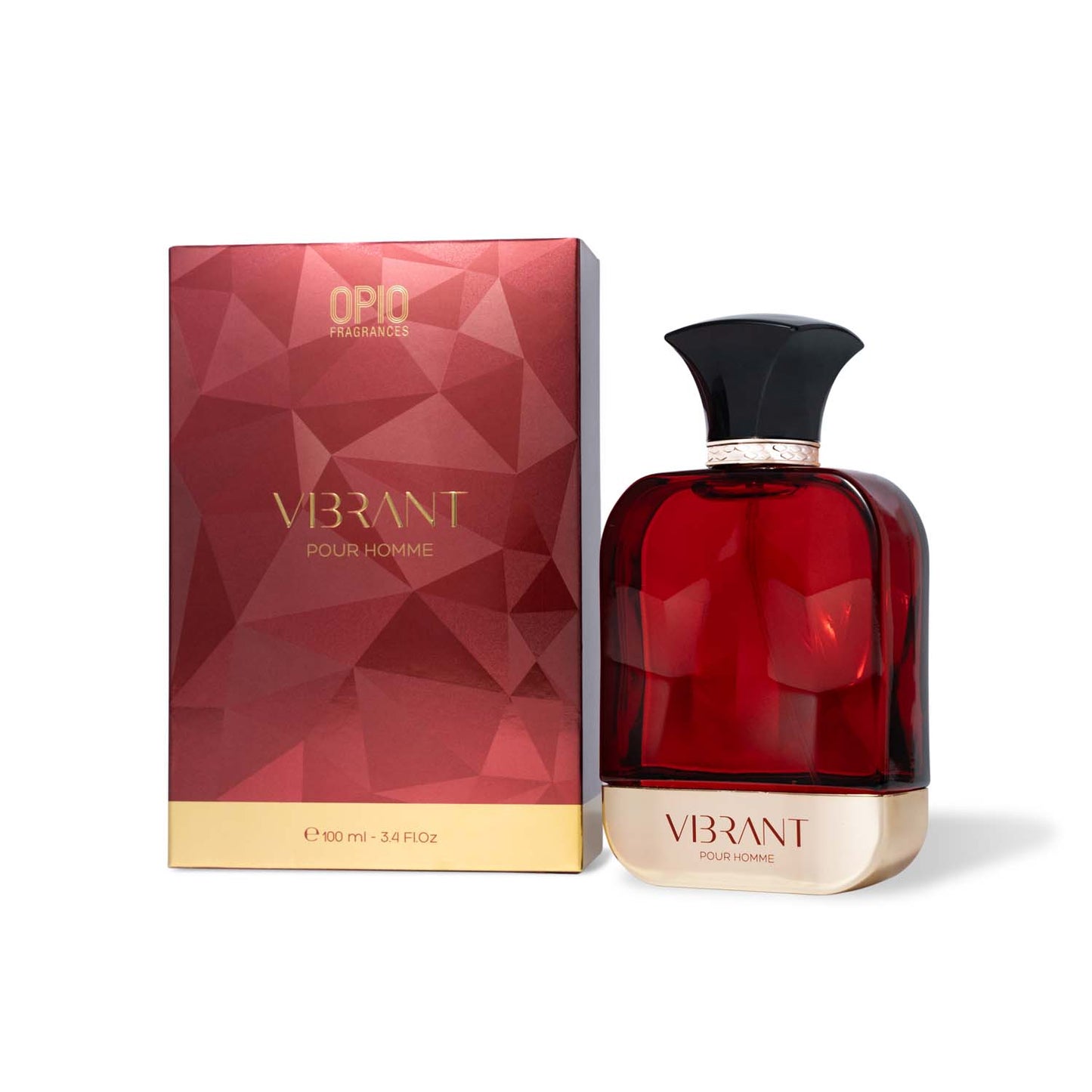 A stylish red and silver perfume bottle labeled 'VIBRANT POUR HOMME' with a black, sculpted cap, with box.