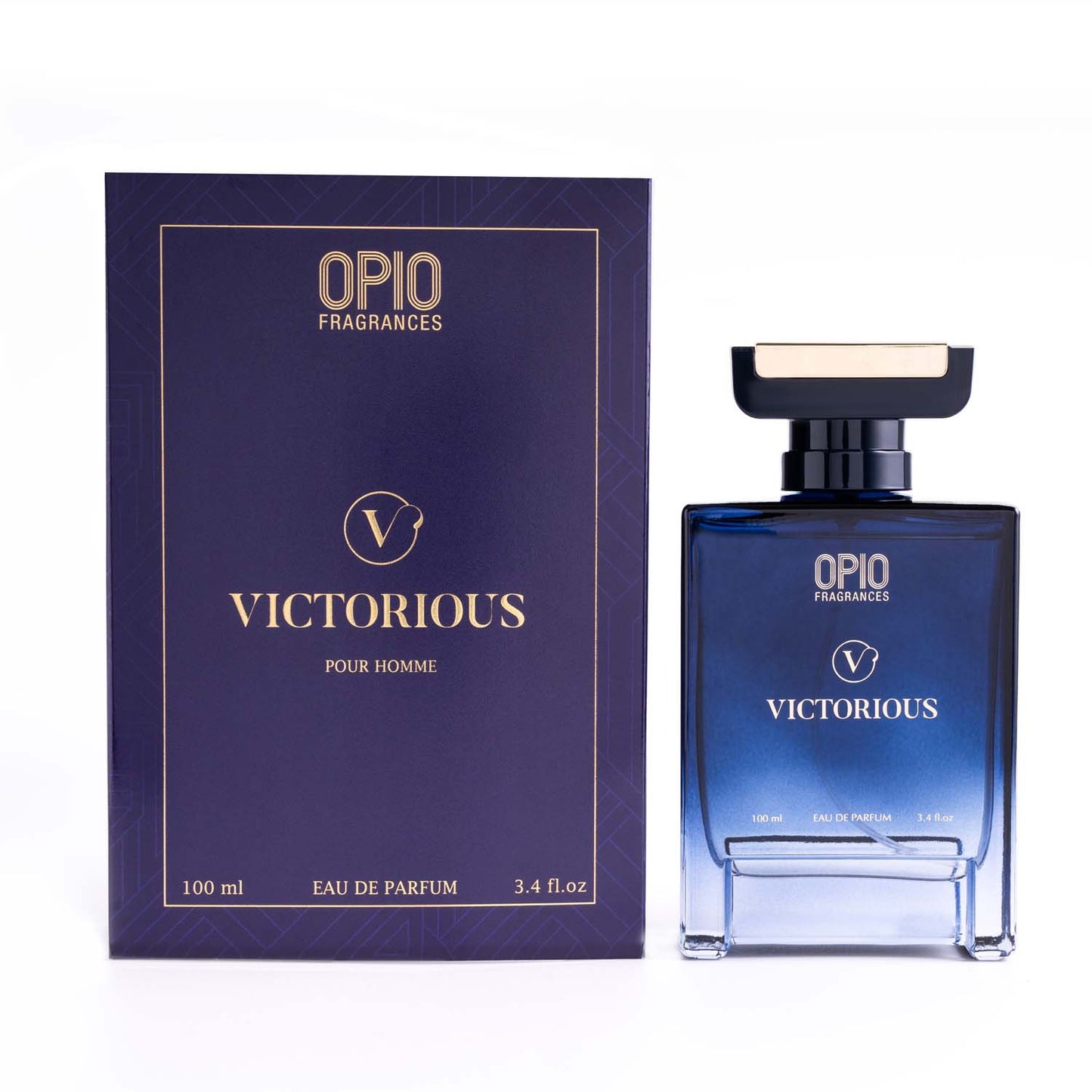 A clear glass bottle of OPIO Victorious fragrance for men with box.