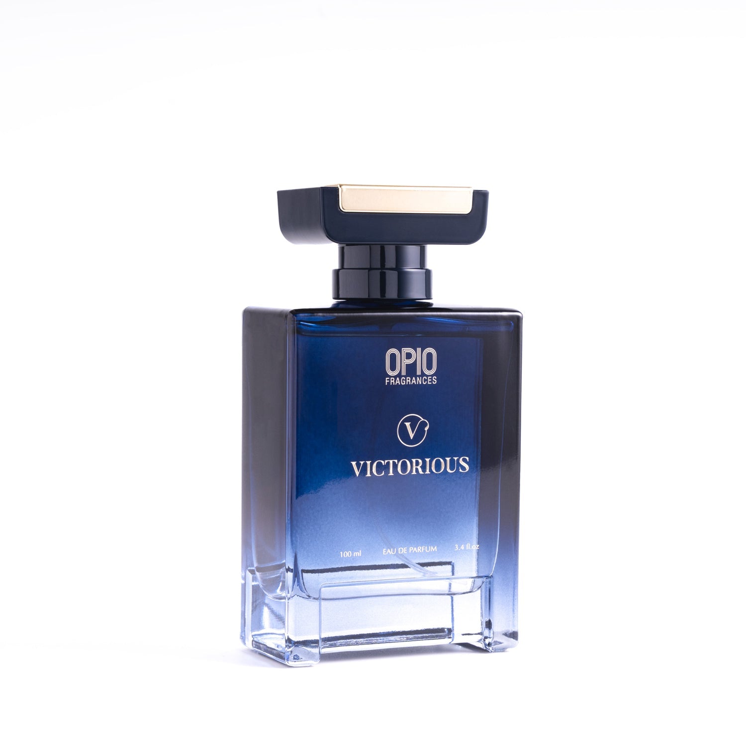A clear glass bottle of OPIO Victorious fragrance for men.