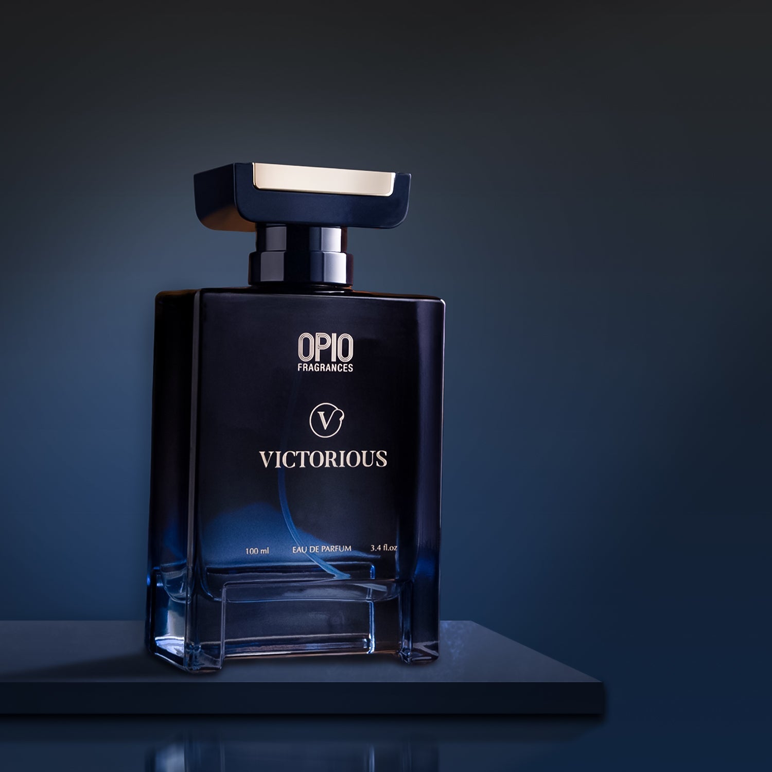A clear glass bottle of OPIO Victorious fragrance for men.